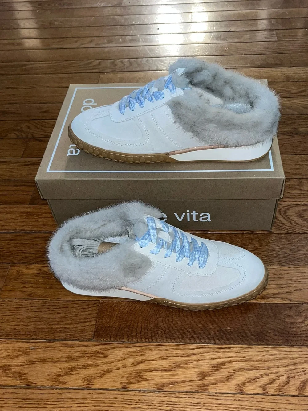 Dolce Vita Izzey Faux Fur Sneaker Mule Blue Accents & Taupe Suede Women’s 8.5